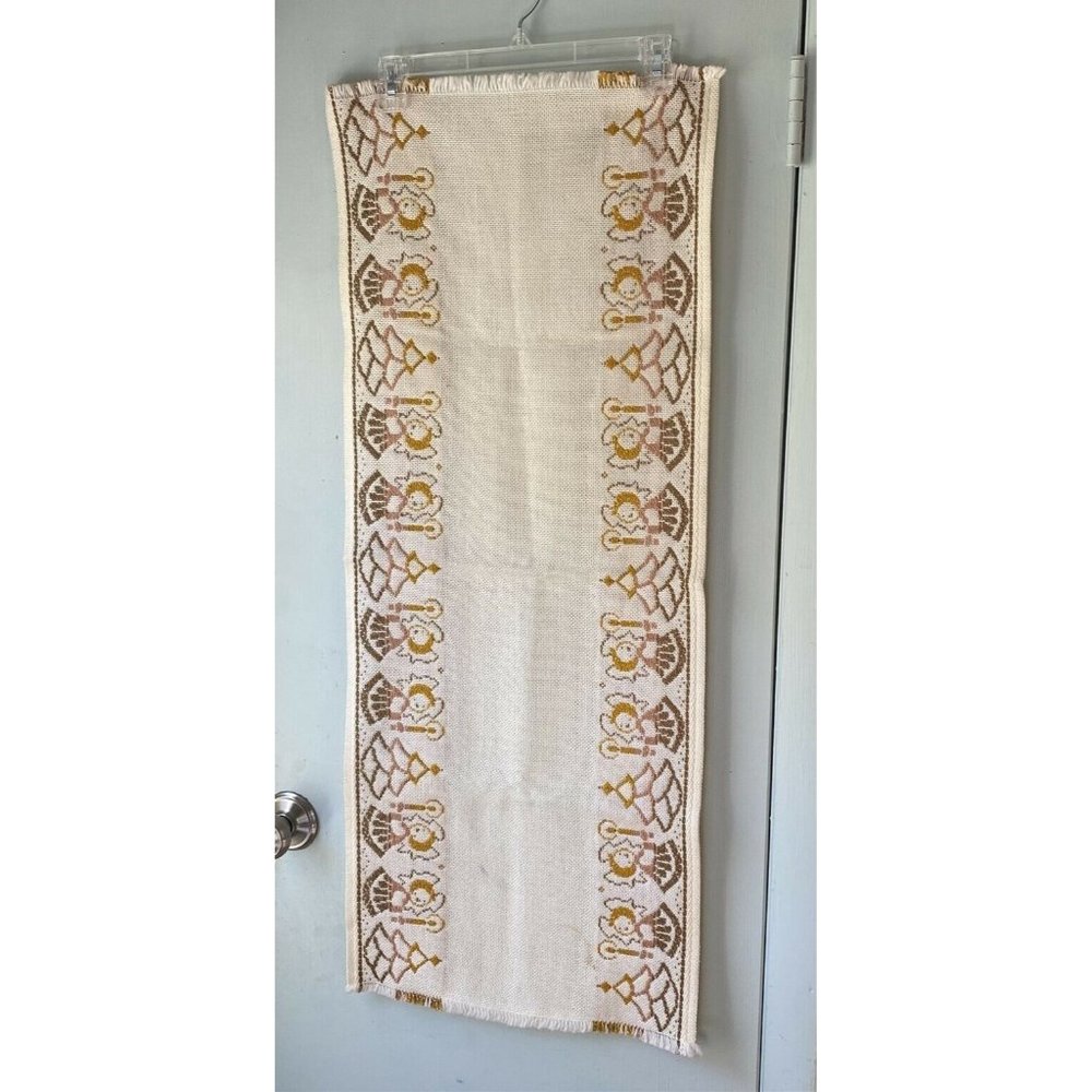 VINTAGE CHRISTMAS GOLD IVORY TABLE RUNNER SCARF ANGEL CANDLE TREE  DISNEY TAG